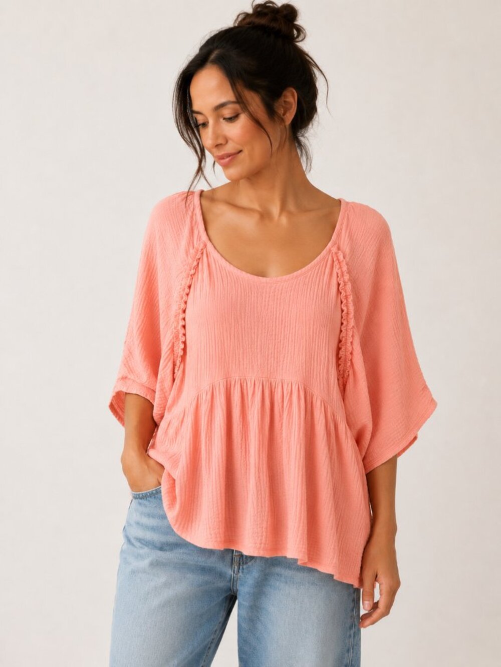 Meritt 100% Cotton Gauze Peplum Blouse Peach Boho Cottagecore Size 2X